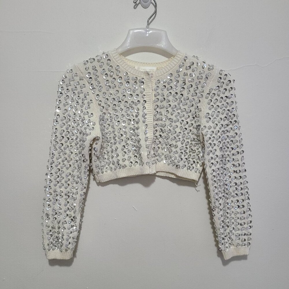 LoveShackFancy Tracey Ivory Crystal-Embellished Cropped Cardigan - Picture 3 of 12